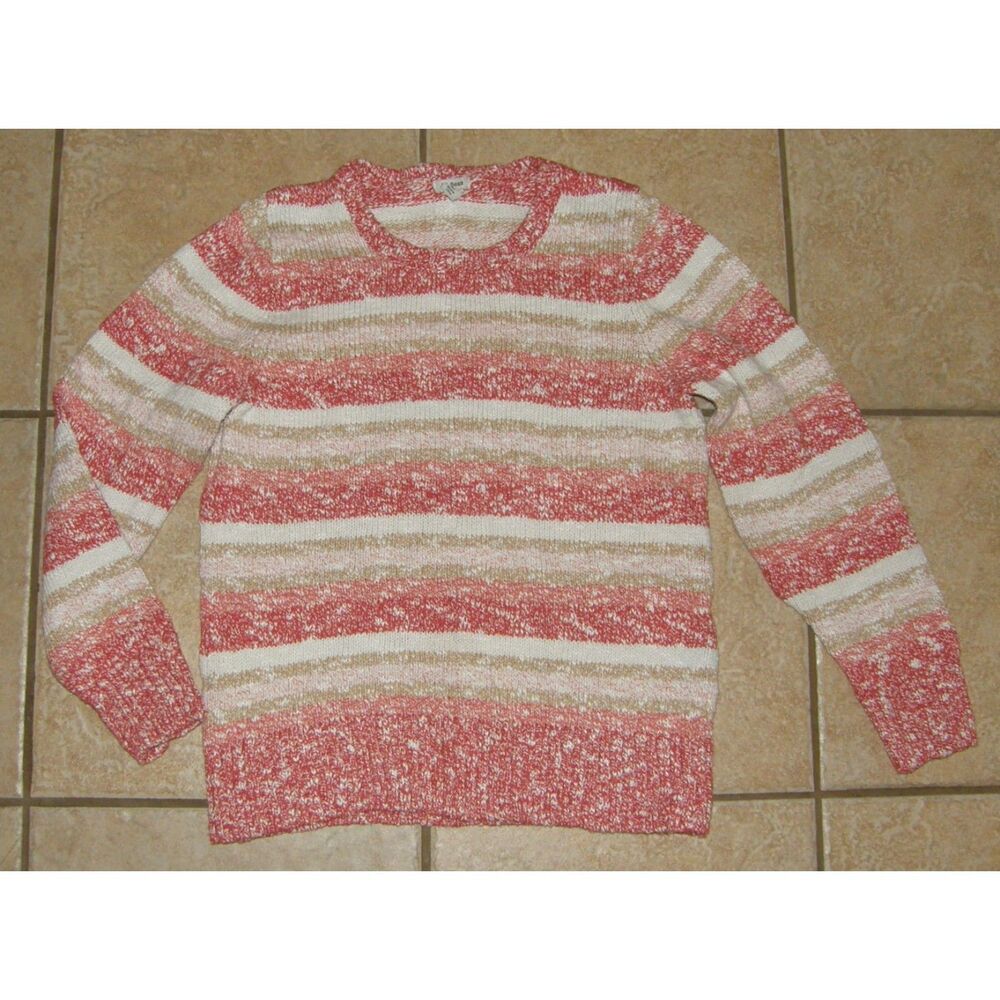 LL BEAN Striped Sz Medium Petite Stretchy Cotton Crew Neck Pullover Cozy Sweater